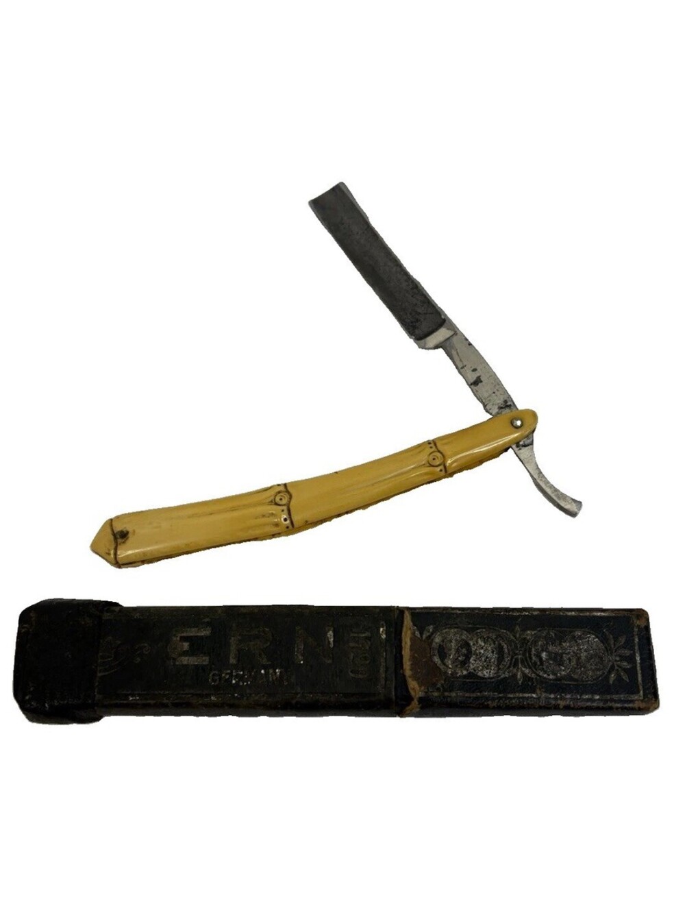 Vintage Straight Edge Razor Yellow Bamboo Style Molded Scales Germany Case